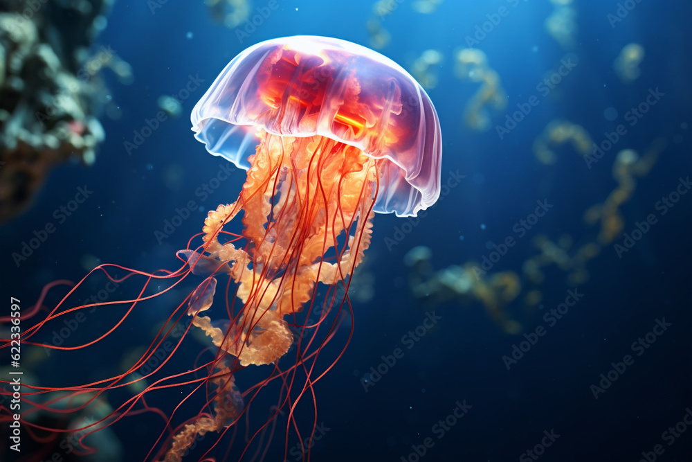 bioluminescent jellyfish underwater, generative ai bioluminescent jellyfish underwater, generative ai