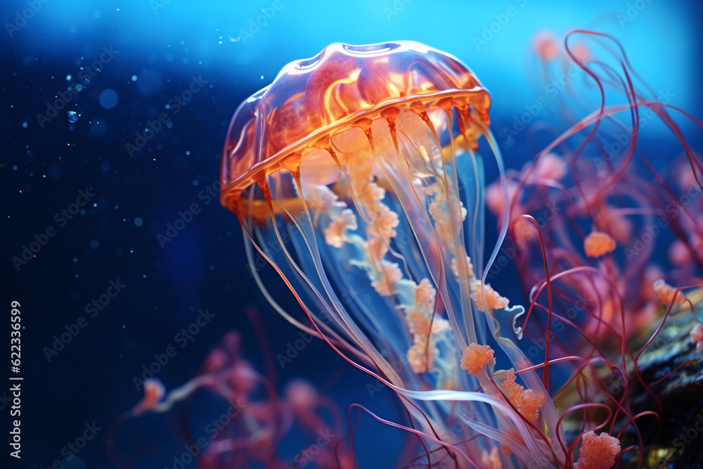 Fototapeta premium bioluminescent jellyfish underwater, generative ai