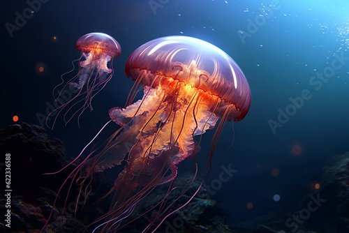 bioluminescent jellyfish underwater, generative ai