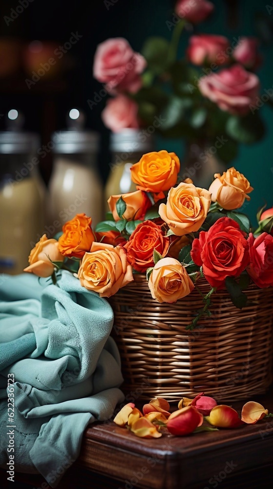 Fresh rose bouquet in basket, blanket  and cleanser bottles on wooden table. AI generated