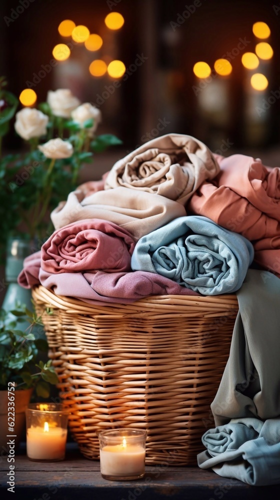 Fresh clean colorful blankets in basket and cleanser bottles on laundry room background. AI generated