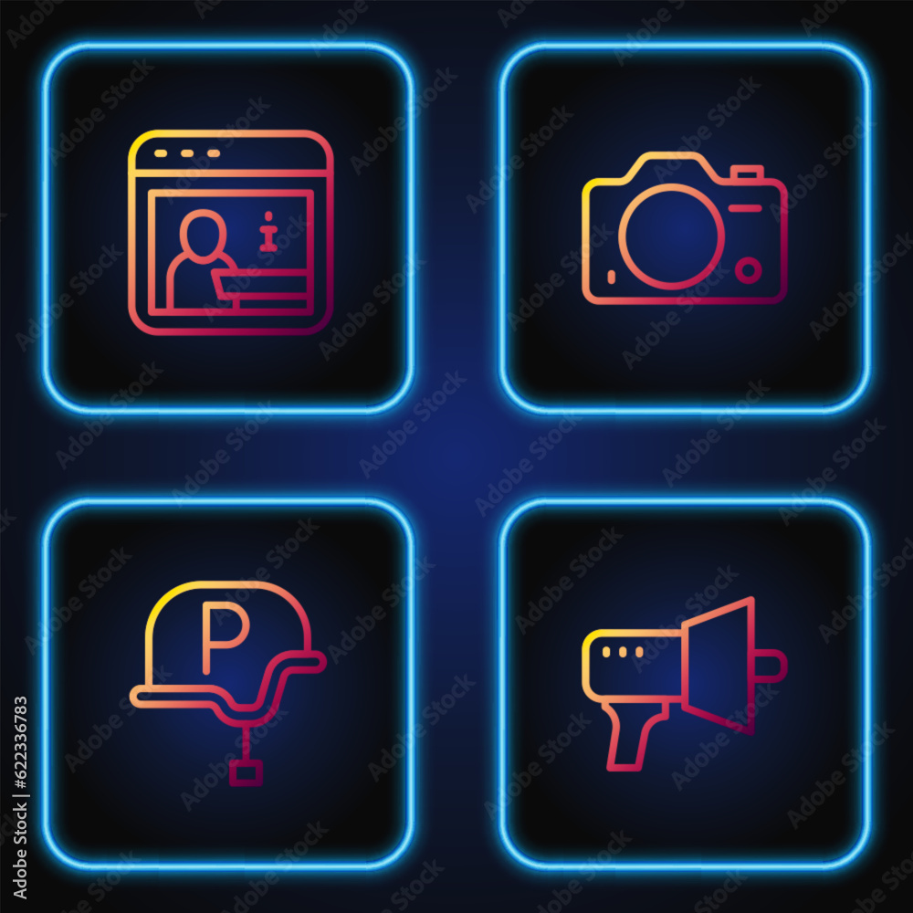 Set line Megaphone, War journalist, Information and Photo camera. Gradient color icons. Vector Set line Megaphone, War journalist, Information and Photo camera. Gradient color icons. Vector