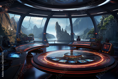 Fototapeta Naklejka Na Ścianę i Meble -  Futuristic interior of an office, a spaceship with large windows in the wild nature, another planet, science fiction. AI generative