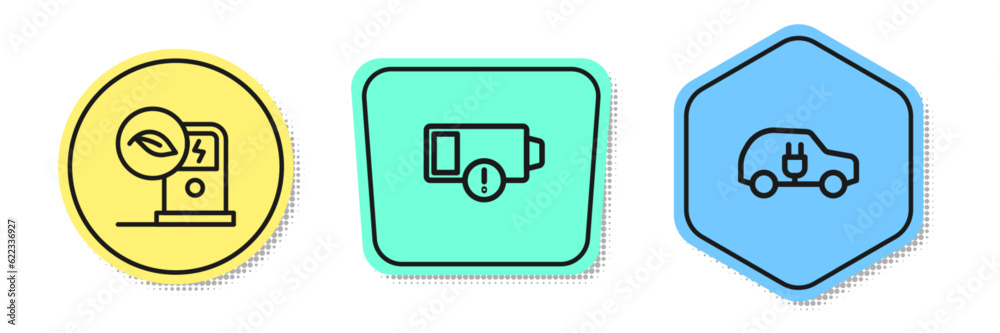 Set line Electric car charging station, Low battery and . Colored shapes. Vector Set line Electric car charging station, Low battery and . Colored shapes. Vector