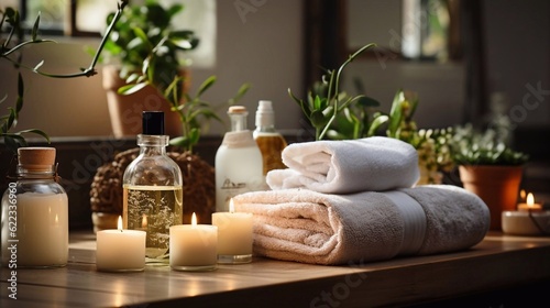 White towles on the table with soap bottles. Beauty spa treatment with candles. AI generated