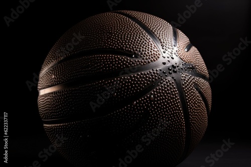Close-up of a brown basketball against a black background. Sport equipment. © Iryna