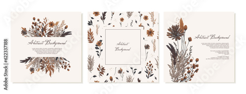 Templates of square backgrounds for social media with autumn leaves. Brown, golden branches and leaves, pampas grass, dry grass, boho. Vector