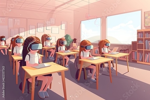 Illustration of children sitting in a classroom wearing virtual reality glasses, modern learning.
