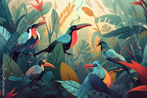 Illustration of tropical birds in the deciduous jungle.