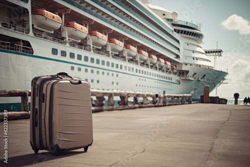Gray suitcase with things on the background of a cruise liner.