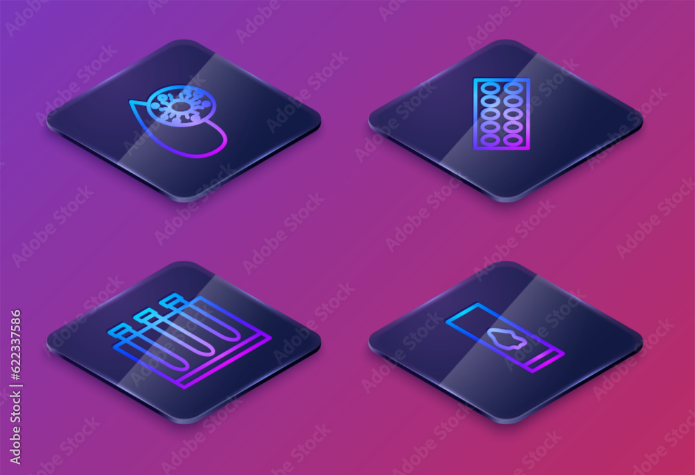 Set Isometric line Blood test and virus, , Pills in blister pack and . Blue square button. Vector Set Isometric line Blood test and virus, , Pills in blister pack and . Blue square button. Vector