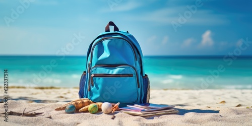Blue backpack with books and seashells on sandy beach. Travel concept