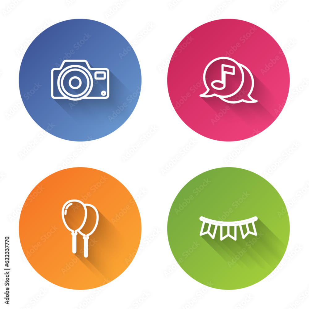 Set line Photo camera, Musical note in speech bubble, Balloons with ribbon and Carnival garland flags. Color circle button. Vector Set line Photo camera, Musical note in speech bubble, Balloons with ribbon and Carnival garland flags. Color circle button. Vector