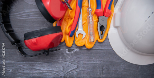 Equipment and tools for building construction on wood background. Labor day. worker concept.close-up
