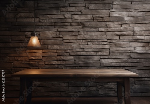 Wooden table and lamp on stone wall background. Mock up  3D Rendering