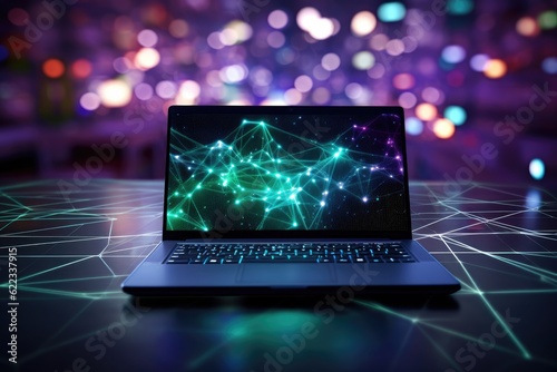 Laptop with abstract glowing network hologram on dark background 3D rendering