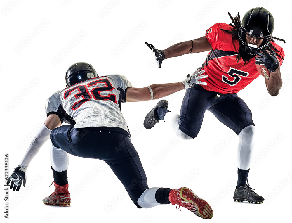 two american football players men studio isolated on white background two american football players men studio isolated on white background