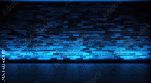 Dark blue brick wall with glowing neon lights. 3D Rendering
