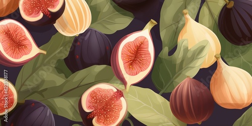 Fresh Organic Fig Fruit Cartoon Horizontal Background Illustration. Healthy Vegetarian Diet. Ai Generated Drawning Background Illustration with Delicious Juicy Fig Fruit. photo