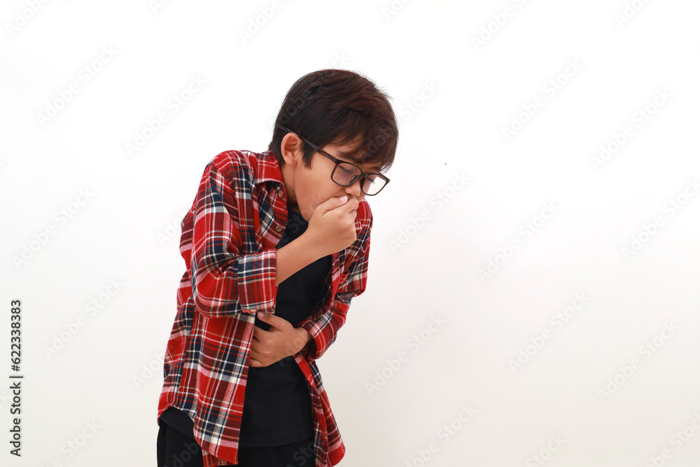 Asian boy having a stomachache and being going to vomit. Isolated on white Asian boy having a stomachache and being going to vomit. Isolated on white