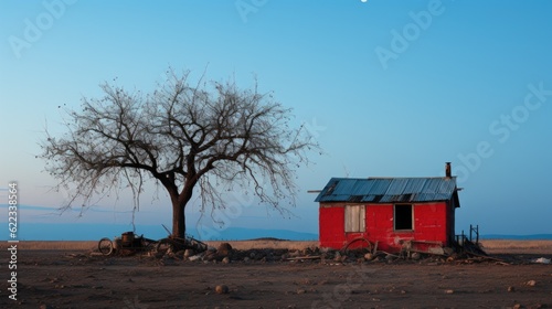 Fotografia A small red shack with a tree in front of it