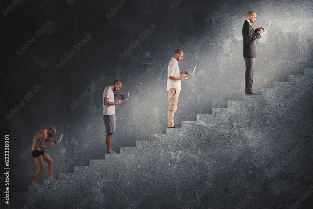 Evolution from hunched man to successful man in a staircase