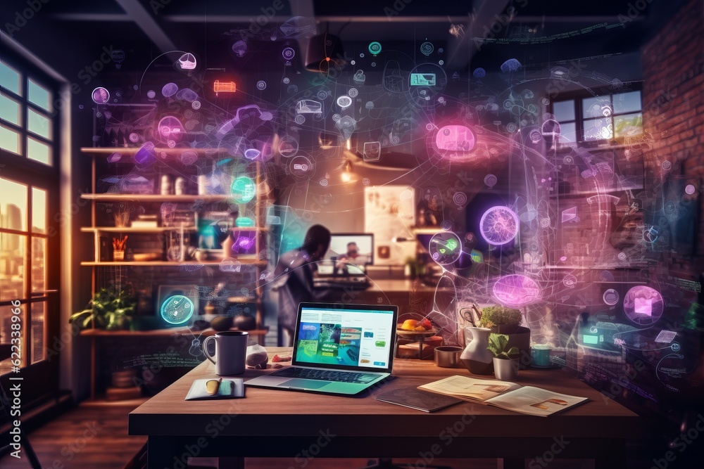 Digital composite of Businessman using laptop with social media icons and flare Digital composite of Businessman using laptop with social media icons and flare
