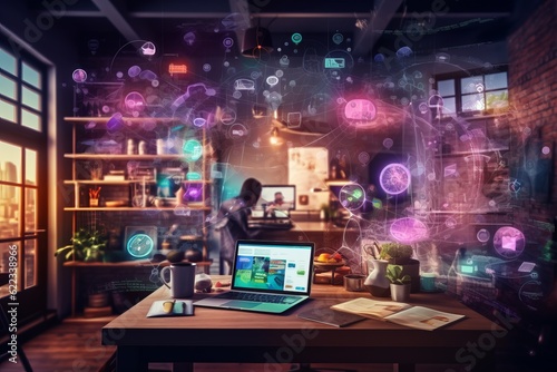 Digital composite of Businessman using laptop with social media icons and flare