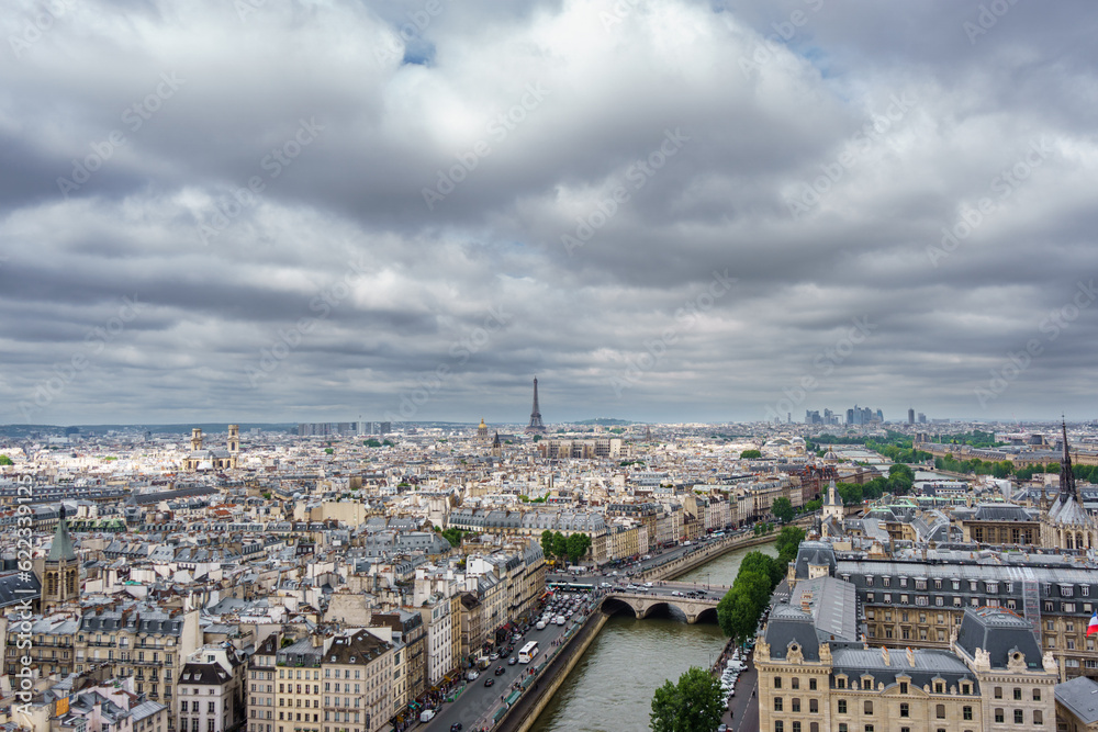 Cloudy day and Eiffel tower with la defense over Paris roofs