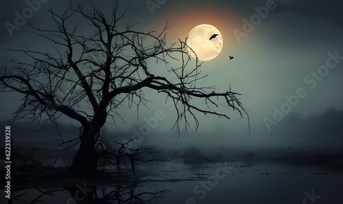 Full moon over dead tree in foggy forest. Halloween concept. © Meow Creations