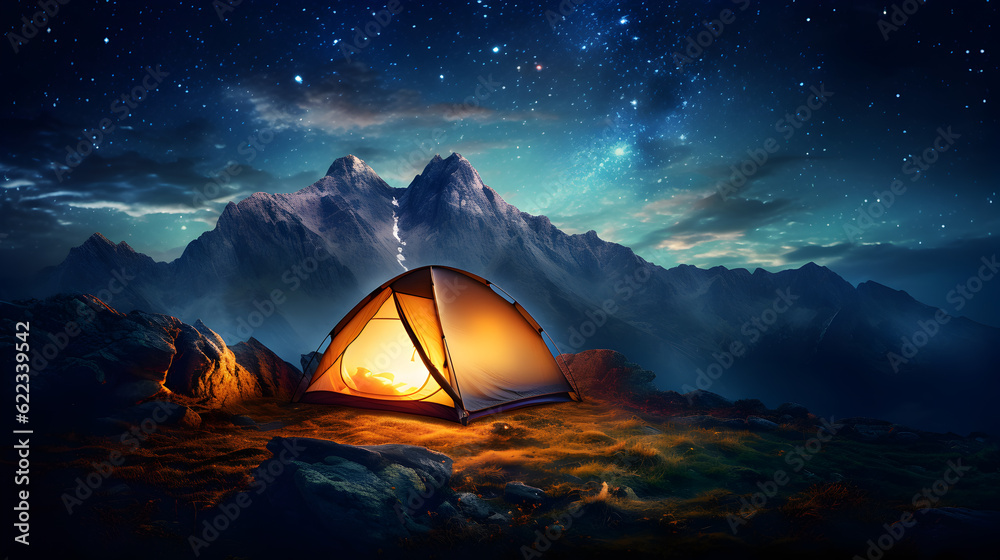 A picture of a tent on a mountainside, lit by a lamp, with stars burning in the sky. Generative AI
