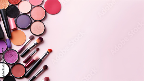Trendy women's makeup, brushes, lipstick, nail polish. Top view. Generative AI