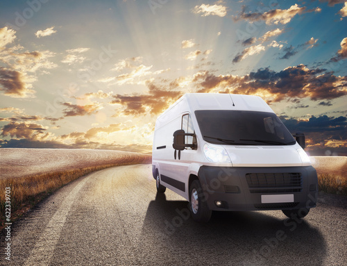 Truck on road in a natural landscape . 3D Rendering