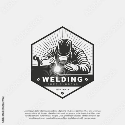 Welding or welder company badge logo design vector with detail welder vector image, classic industrial style