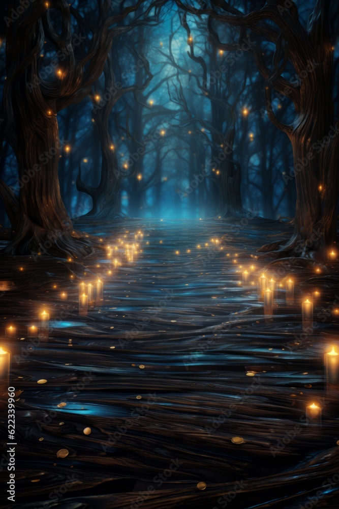 Fototapeta premium Mysterious dark forest with a path leading through it. 3D rendering
