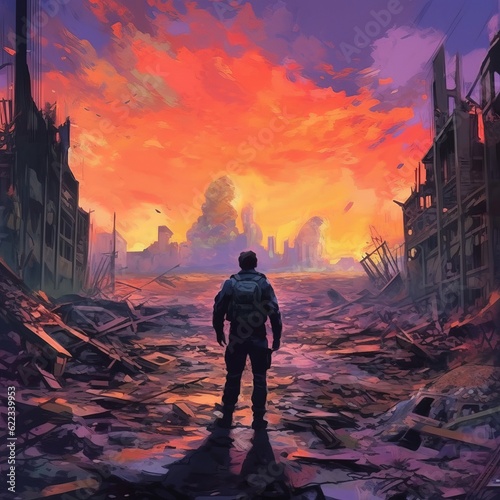 silhouette of a man against the background of a destroyed city Generative AI