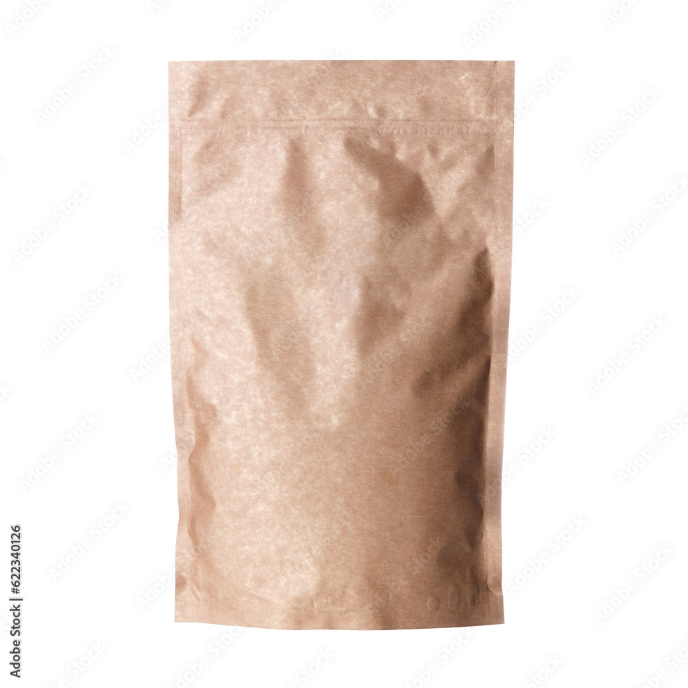 Beautiful organic recycled brown kraft paper resealable doy pack pouch bag mockup packaging design template for coffee or cosmetic product, front view, isolated on transparent background. 