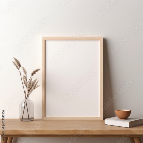 Mockup of a thin light colored wood portrait frame, AI generated Image