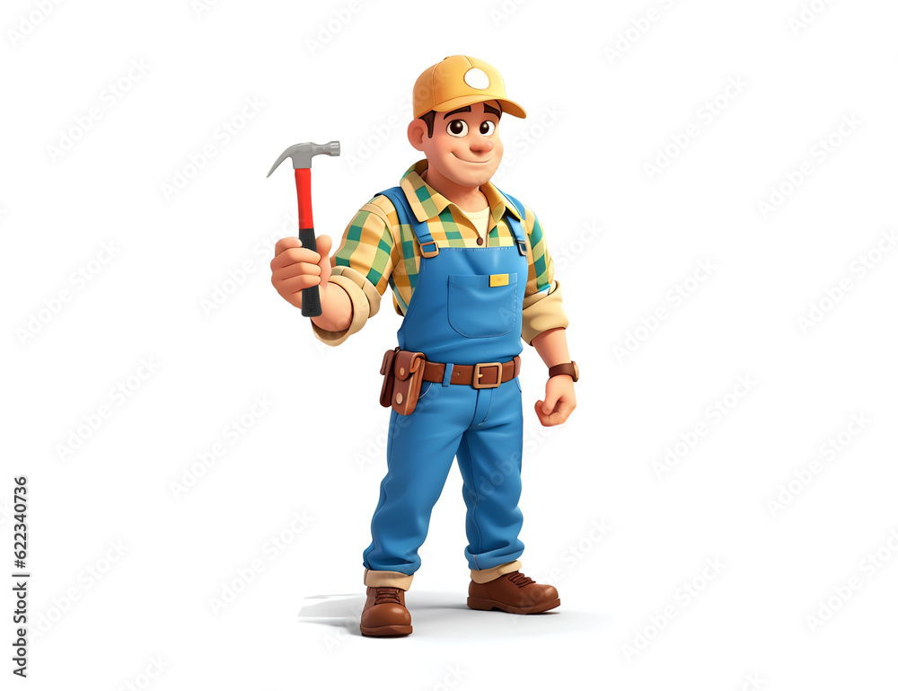 construction worker with a hammer, 3d cartoon character, isolated on white. generative ai construction worker with a hammer, 3d cartoon character, isolated on white. generative ai
