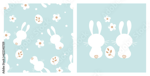 Seamless pattern with bunny cartoons, Easter egg and cute flower on green mint background. Rabbit cartoon, white flower and Easter egg icon sign vector.