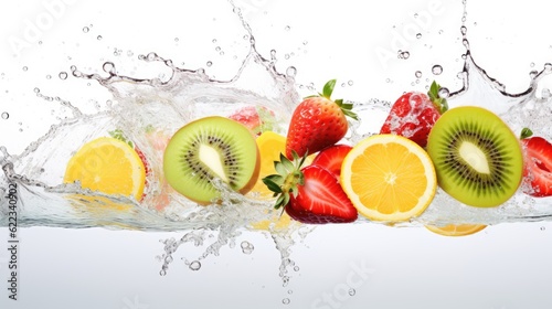 Fresh sliced fruits with splash water in white background, AI generated Image