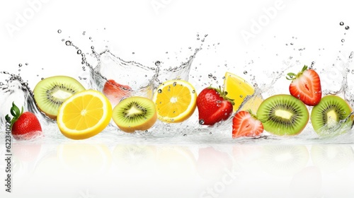 Fresh sliced fruits with splash water in white background  AI generated Image