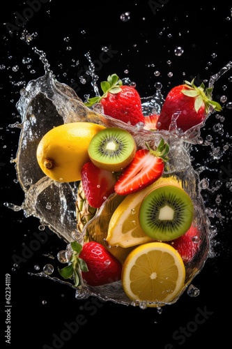 Fresh sliced fruits with splash water in black background  AI generated Image