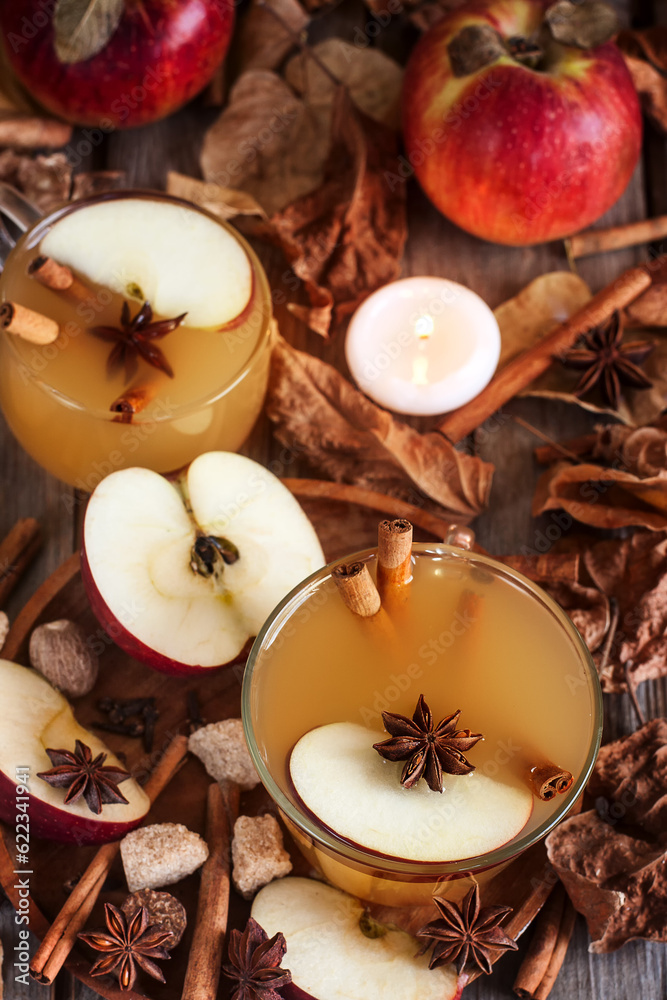 Hot apple cider with cinnamon sticks and spices on fall leaves background Hot apple cider with cinnamon sticks and spices on fall leaves background