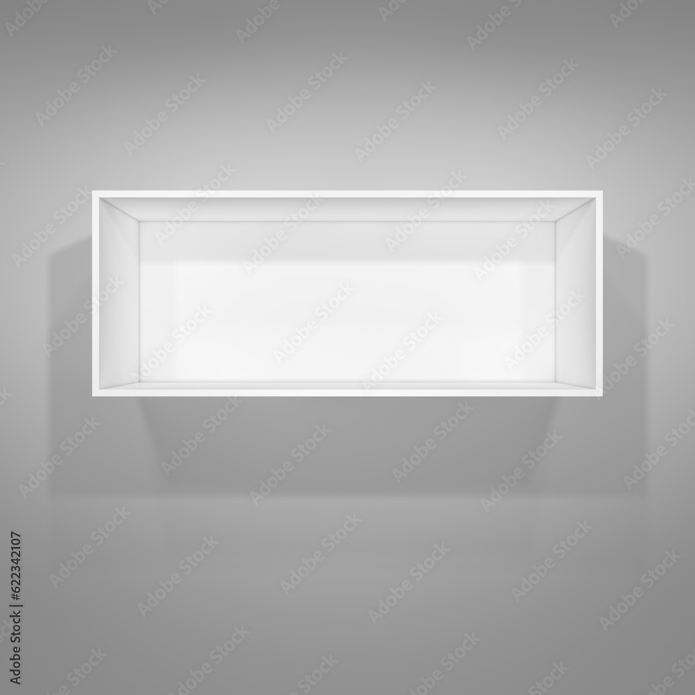 Illuminated white shelf for presentations. Gray background. 3D illustration Illuminated white shelf for presentations. Gray background. 3D illustration