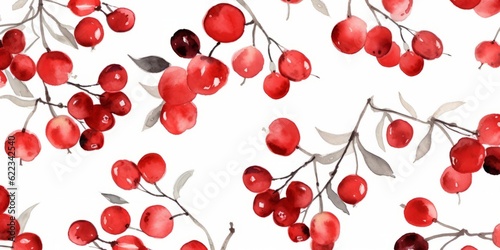 Fresh Organic Cranberry Berry Background, Horizontal Watercolor Illustration. Healthy Vegetarian Diet. Ai Generated Soft Colored Watercolor Illustration with Delicious Juicy Cranberry Berry.