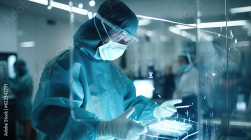 doctor working in futuristic hospital with medical high tech healthcare, surgeon team operation on heart disease and illness on monitor, Generative AI