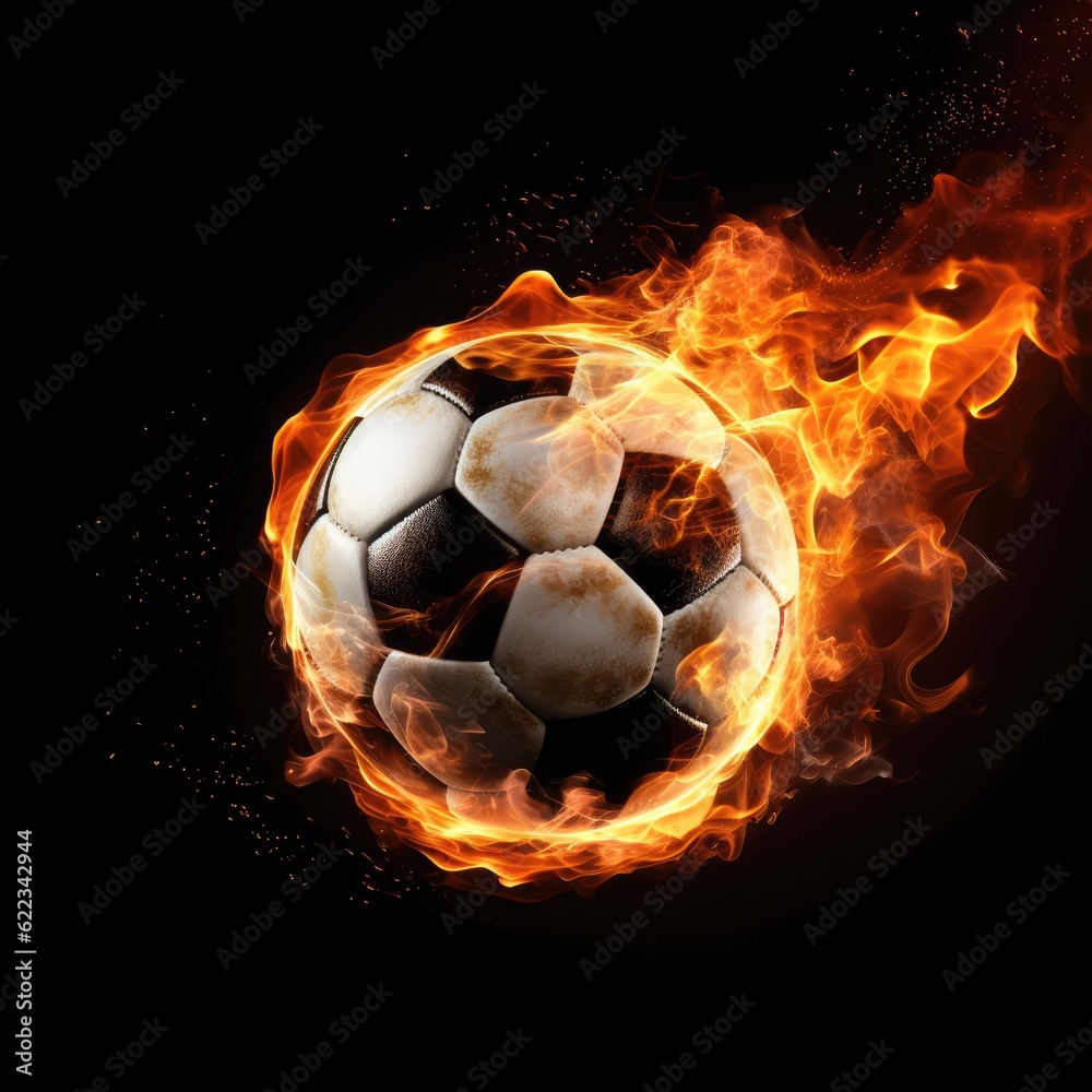 Fototapeta premium Soccer ball on fire in black background, AI generated Image