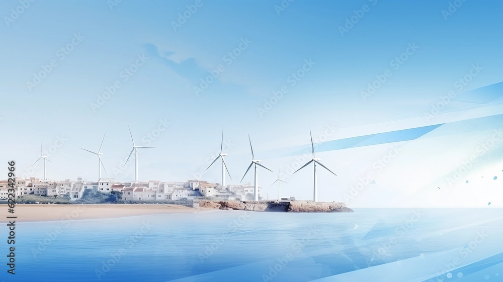 A Row of Wind Turbines on a Seashore With Ad Space Generative AI