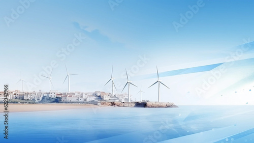 A Row of Wind Turbines on a Seashore With Ad Space Generative AI